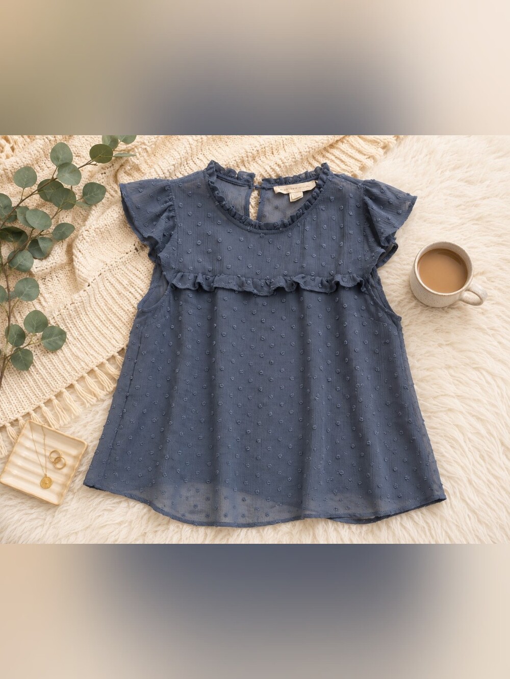 Monteau Los Angeles Blue Swiss Dot Ruffle Blouse Size M Romantic Boho